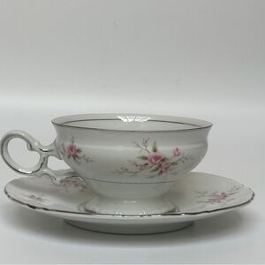 Vintage Mikasa Versailles 9344 Footed Cup & Saucer Set Platinum Rim Floral